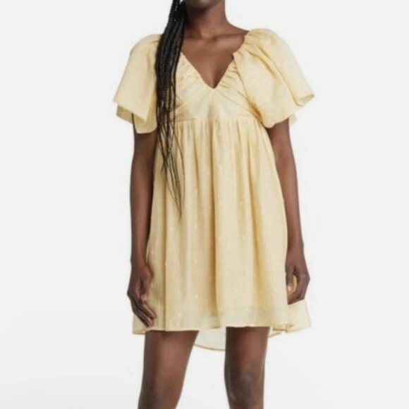 Moon River Anthropologie Butter Yellow Flutter Sleeve Baby Doll Mini Dress sz L - Picture 1 of 16